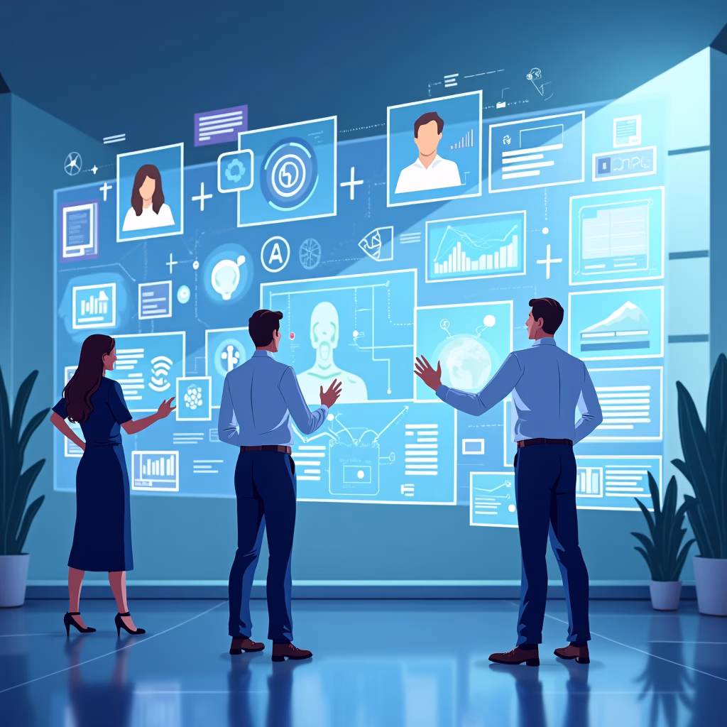 Group of AI businessmen working in the lab.